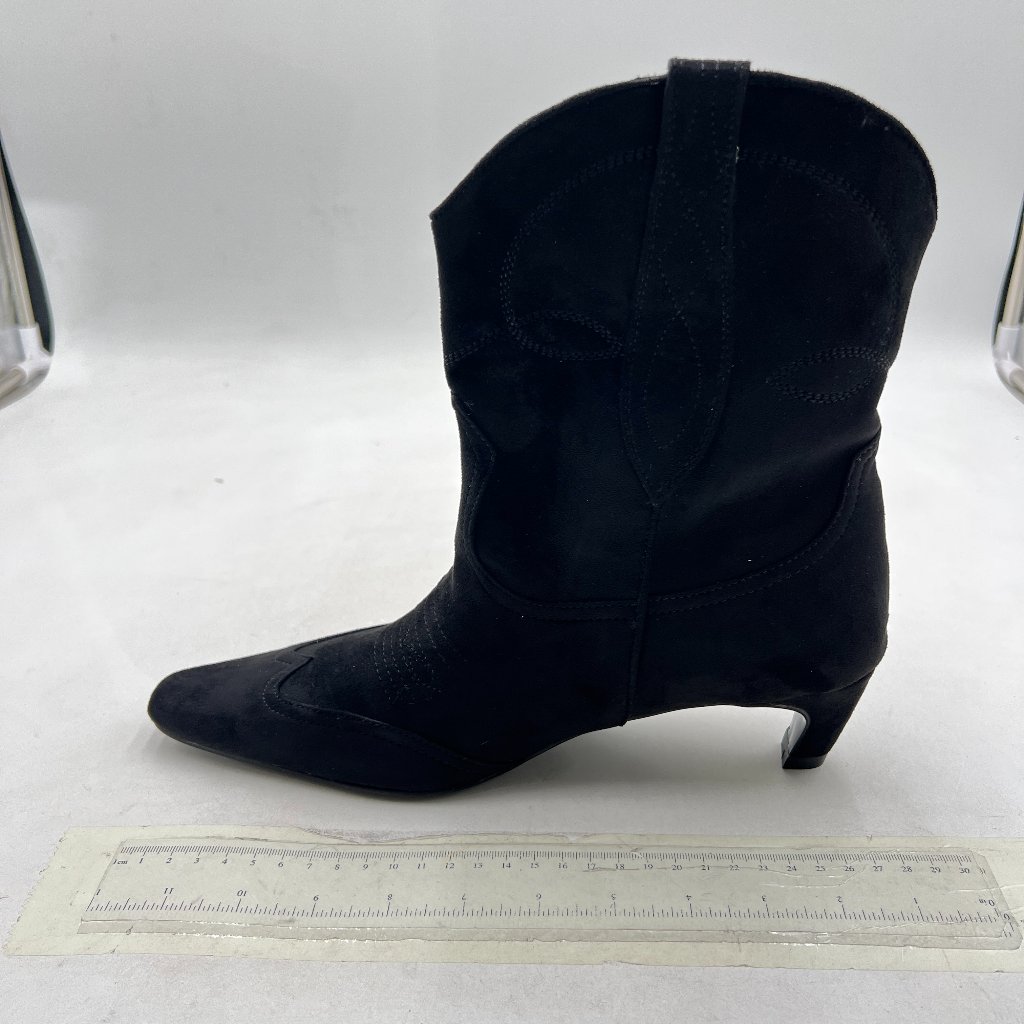 Black Women Square Toe Comfort Kitten Low Heel Ankle Boot Pull On Winter Bootie
